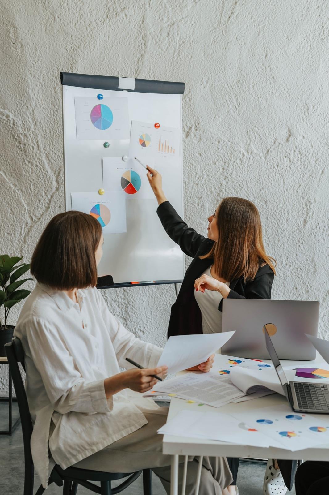 Two colleagues reviewing portfolio charts on a flip chart